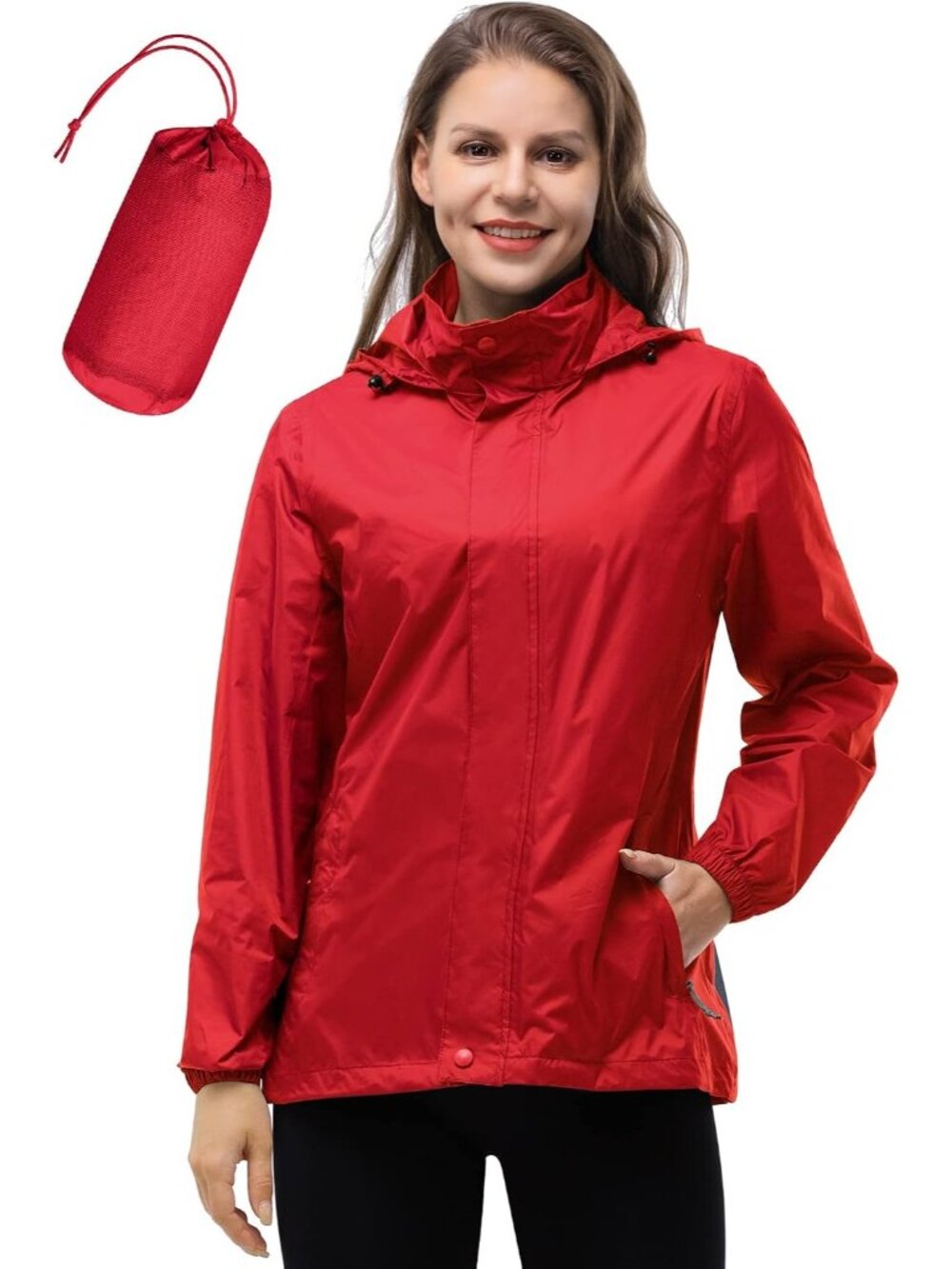 〽️Women Red Waterproof Packable Rain Jacket Hooded Lightweight Travel Windbreake